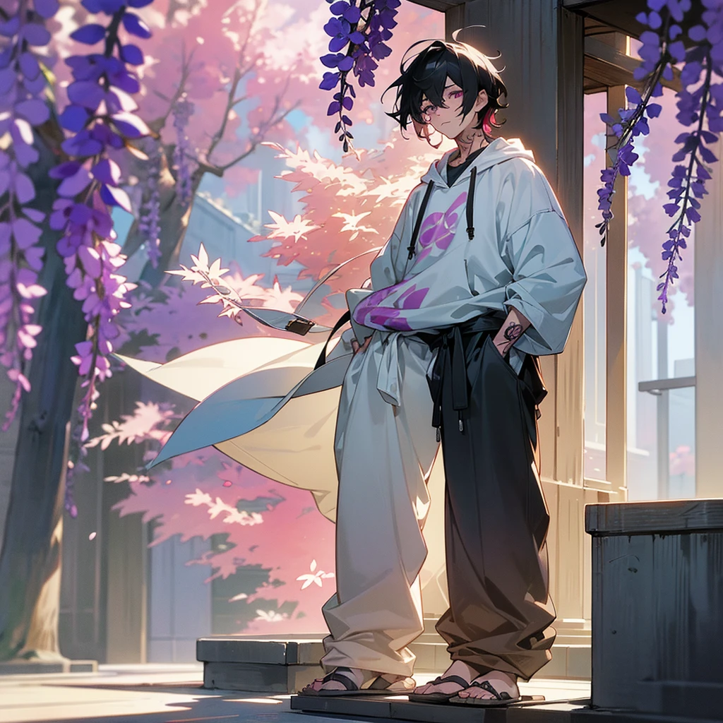 1male, adult, finely detailed plum eyes, wild medium hair, two tone hair, black hair color, seashell white hair color, oversized hoodie, baggy pants, standing on building, day time, tokyo streets, calm expression, muscular, tattoos, wisteria flowers, scars