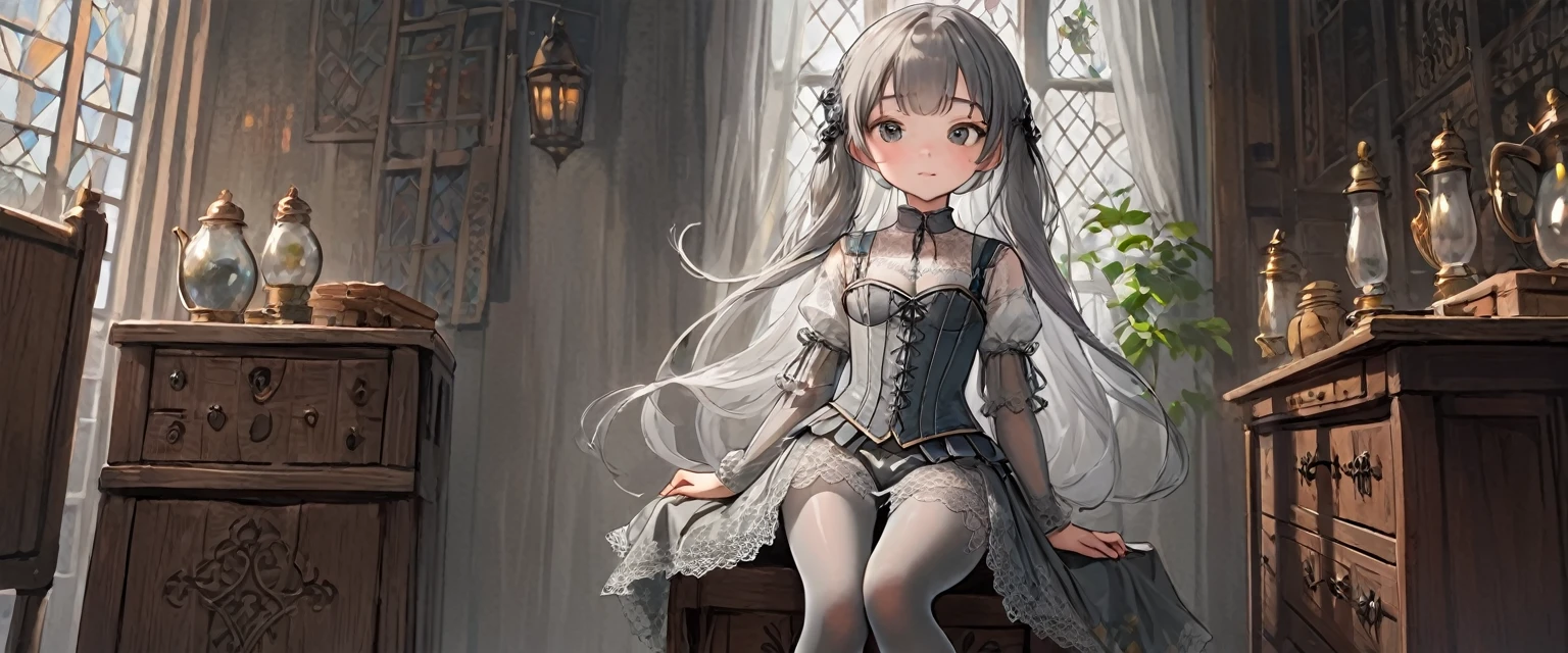 8 year old medieval girl, underwear姿、Translucent knee-length drawers with embroidered lace(underwear)Wearing、Wearing a semi-transparent corset、Translucent slip, Grey translucent tights