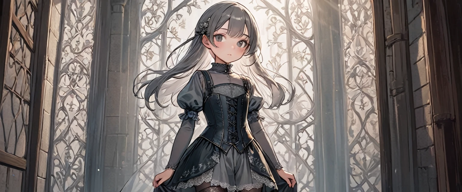 8 year old medieval girl, underwear姿、Translucent knee-length drawers with embroidered lace(underwear)Wearing、Wearing a semi-transparent corset、Translucent slip, Grey translucent tights