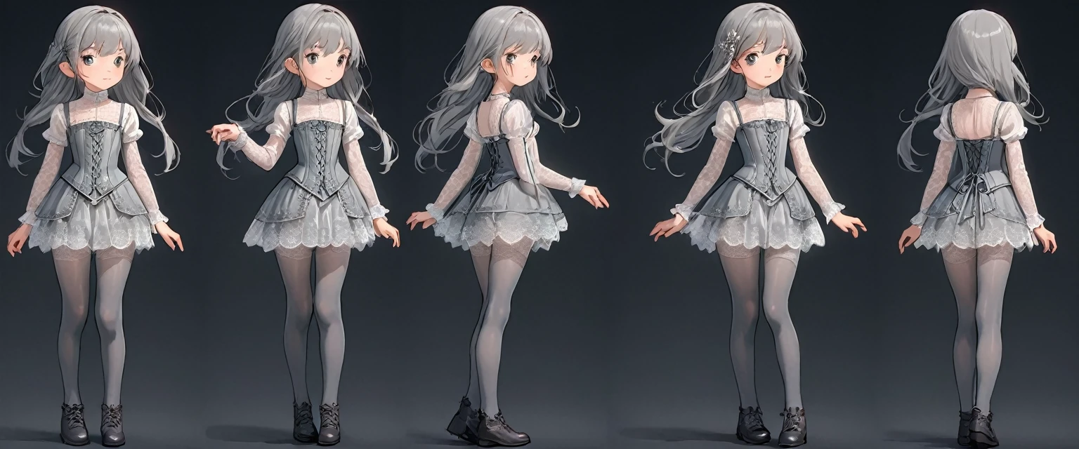 8 year old medieval girl, underwear姿、Translucent knee-length drawers with embroidered lace(underwear)Wearing、Wearing a semi-transparent corset、Translucent slip, Grey translucent tights