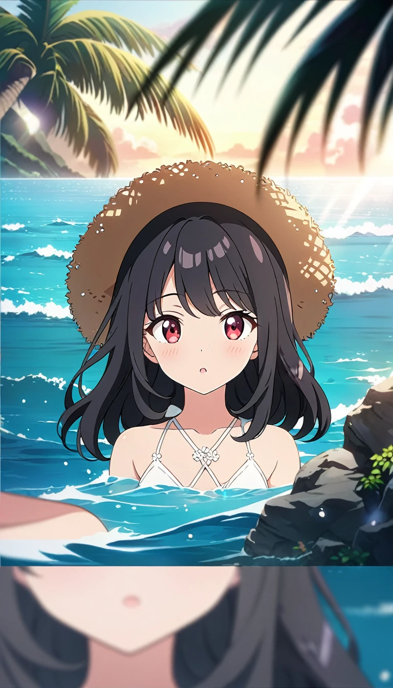 (masterpiece, Highest_quality), Very familiar with CG Unity 8K Wallpaper, wonderful_OK_shape, Break 1 Girl, Long black hair with a straw hat, Small breasts, (Glamorous look), Red eyes, Anime Style 4k, Beautiful anime portraits, Anime Moe Art Style, anime art wallpaper 4k, High quality anime art style, Anime style portrait, Familiar with digital animation art, Anime Art Wallpapers 8K, Cute Anime Girl Portrait, Hawaii Background, blue sea, Palm tree, sunlight, whole body, Breaking Depth of Field, Perfect hands, nice refer tos, 5_refer to, 4_refer to,1_親refer to,