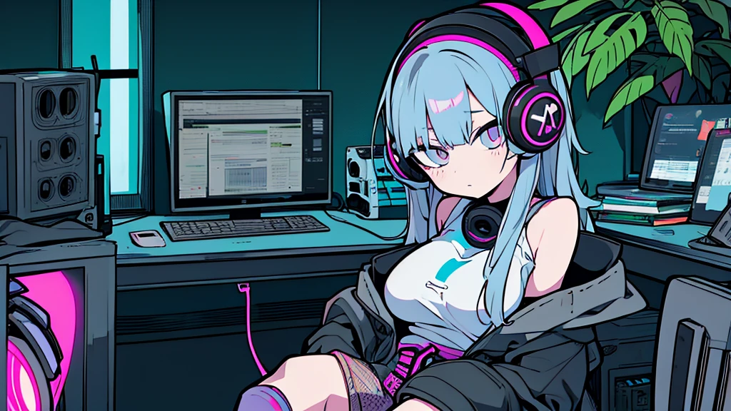 Best quality, (masterpiece:1.2), best detail face,1 girl, big breasts, 18 yo, 8k,absurdres,unity 8k wall paper,(extremely detailed:1.3), highest realistic, (retro headphones:1.1), (soft neon light:1.1), (floating hair:1.2), (psychedelic:1.2), Her room full of music equipment and plants, Leaning back on the chair with a casual attitude, Light clothing in summer, dark grey color palette