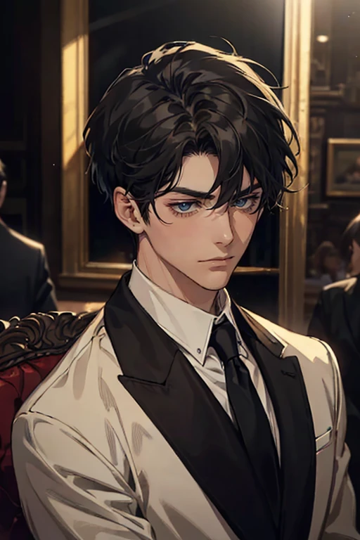 ((One young man with a black suit and tie)), alejandro, (((one side swept dark short neat hair))), ( green eyes and thick eyebrows), ((20 years old)), ((masterpiece)), ((cinematic lighting)), relax look and smirk, waiting for someone