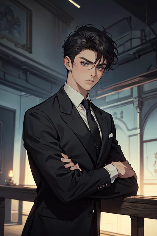 ((One young man with a black suit and tie)), alejandro, (((one side swept dark short neat hair))), ( green eyes and thick eyebrows), ((20 years old)), ((masterpiece)), ((cinematic lighting)), relax look and smirk, waiting for someone