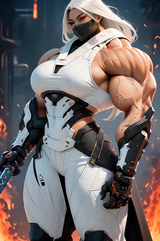 ((((Massive, beautiful, buff, muscular light brown skinned female ninja with white hair, black lipstick, ginormous bulky muscles, holding a white fire sword and wearing an all white cyber ninja armor with pants)))), {close view}, black eyeliner, massive muscles, large breast, massive biceps, hyper muscle triceps, (long straight hair), blue eyes, ninja boots, In a futuristic city, sleeveless, steel ninja armor, nighttime, closed smile, hyper muscles arms, hyper muscle legs, ginormous arms