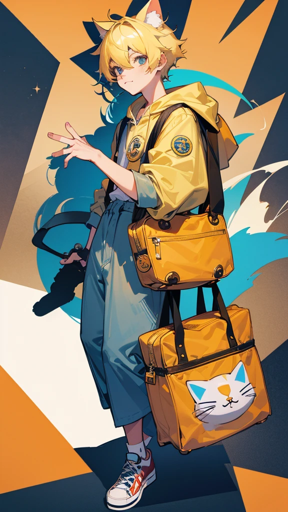 Cute cat boy, in , blonde hair, gedy converse, bag with badges