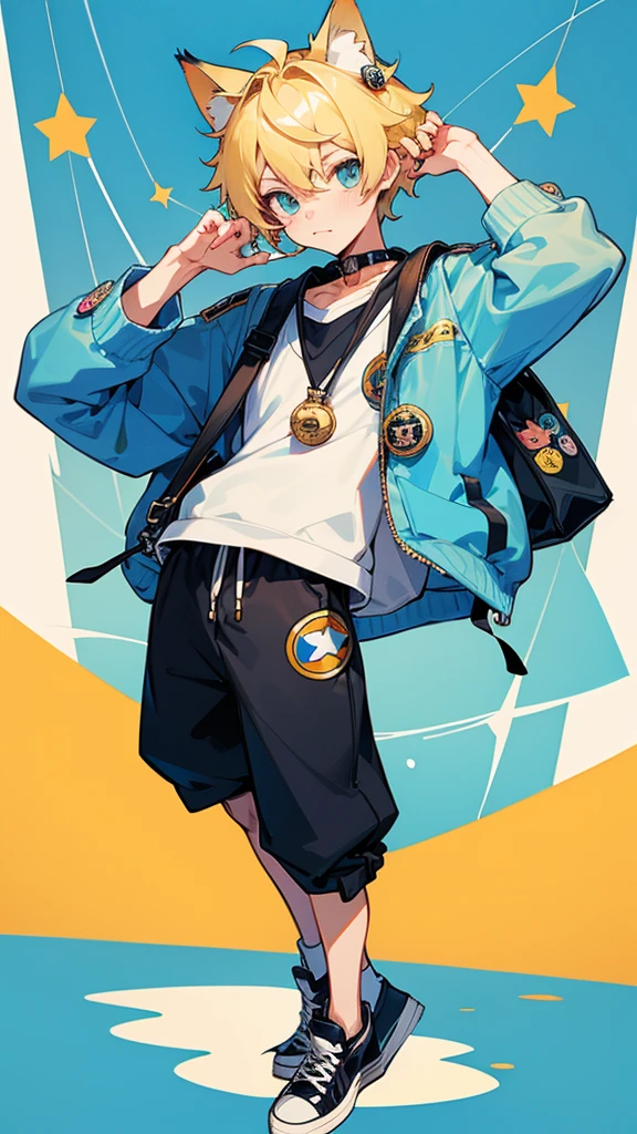 Cute cat boy, in , blonde hair, gedy converse, bag with badges