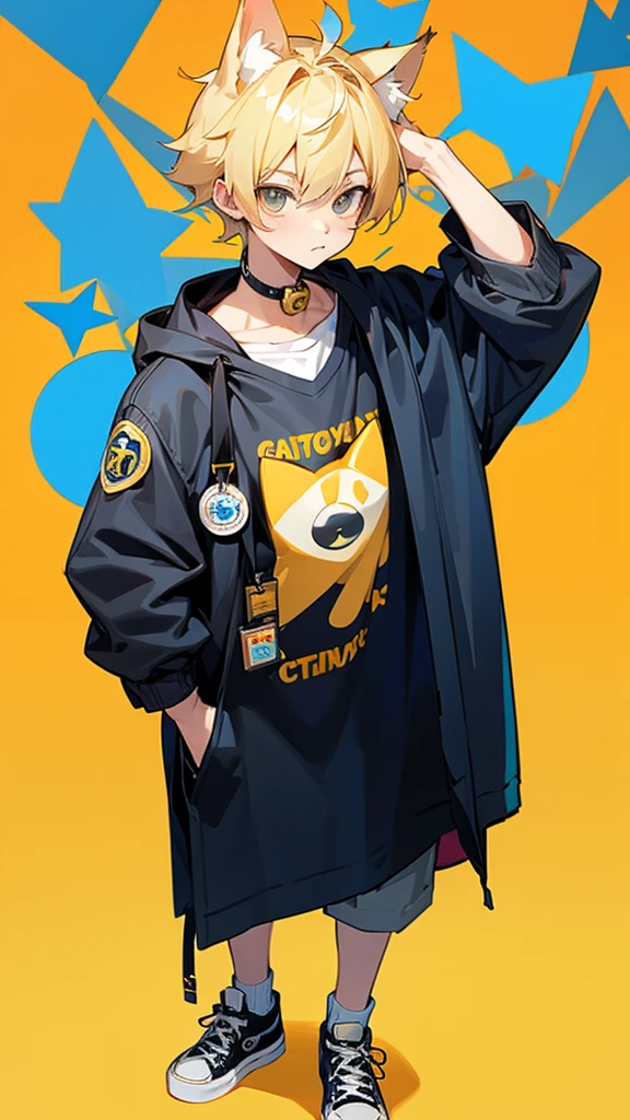 Cute cat boy, in , blonde hair, gedy converse, bag with badges