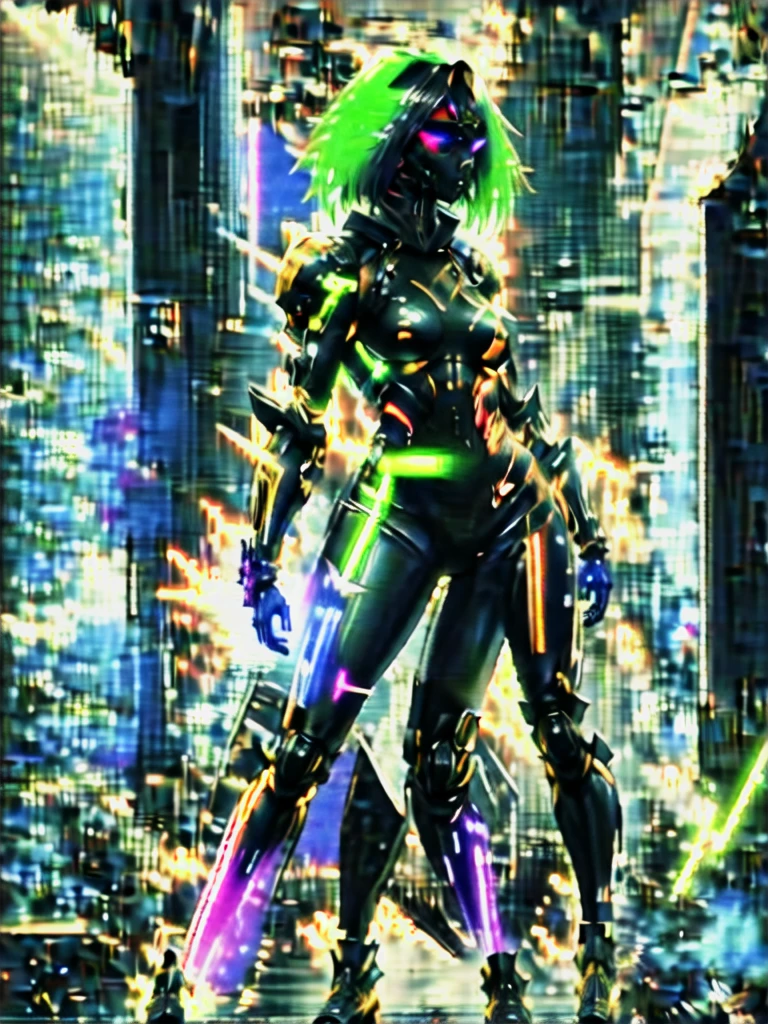 best quality,masterpiece,highly detailed,ultra-detailed,, turkish , a kpop female  1gril,[nicky whelan:uma thurman:0.3]lucy \(cyberpunk\), multicolored hair, bob cut, 
latex bodysuit, mechanical arms, gameplay mechanics, cyborg,fighting stance, 
pastel \(medium\), watercolor \(medium\), 
cyberpunk cityscape, 
(Padded armor),An armor made of layers of cloth or leather
Afro with Glowing Tips - Neon Green
 