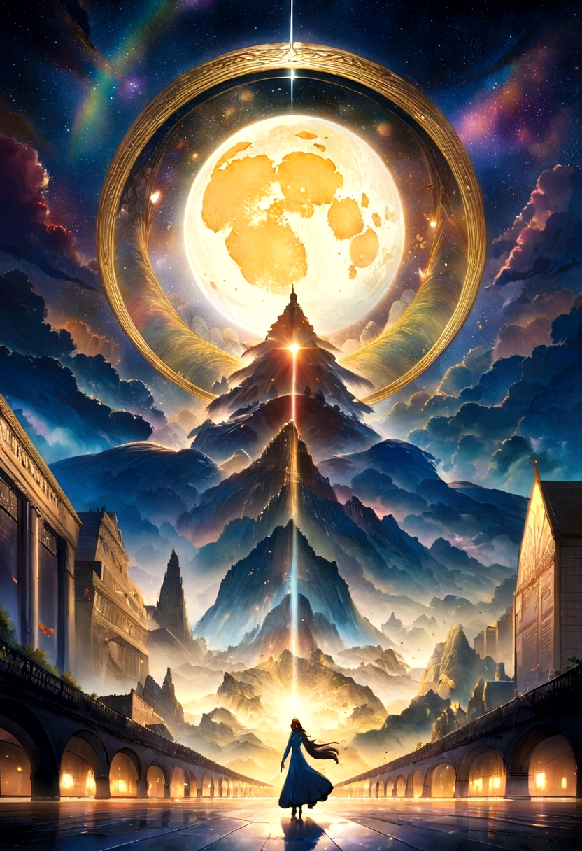 metropolitan、The colorful metropolitan Museum of Art、A river with stars and the moon in a rainbow sky、meet、闪亮的skyscraper、Shine overall、skyscraper、Concept art inspired by Tosa Mitsuhiro、pixiv contest winners、Highest quality、Fantasy art、Beautiful anime scene、Bright Moon、月光下的Starry Sky环境、Dream painting、Anime Background art、Fantasy Landscape Painting、Fantasy Knight、Anime Background、Background artwork、Great art、Atmospheric animation、Starry Sky、details enhanced。