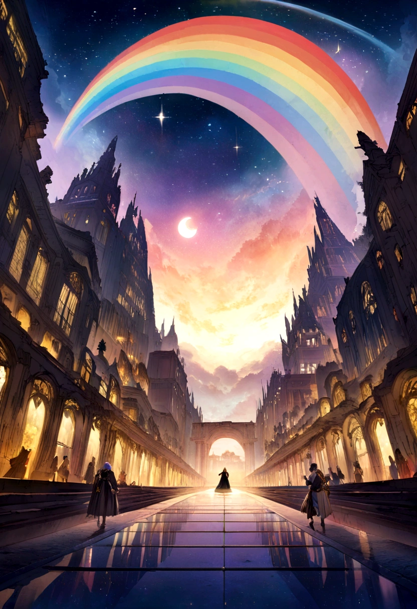 metropolitan、The colorful metropolitan Museum of Art、A river with stars and the moon in a rainbow sky、meet、闪亮的skyscraper、Shine overall、skyscraper、Concept art inspired by Tosa Mitsuhiro、pixiv contest winners、Highest quality、Fantasy art、Beautiful anime scene、Bright Moon、月光下的Starry Sky环境、Dream painting、Anime Background art、Fantasy Landscape Painting、Fantasy Knight、Anime Background、Background artwork、Great art、Atmospheric animation、Starry Sky、details enhanced。