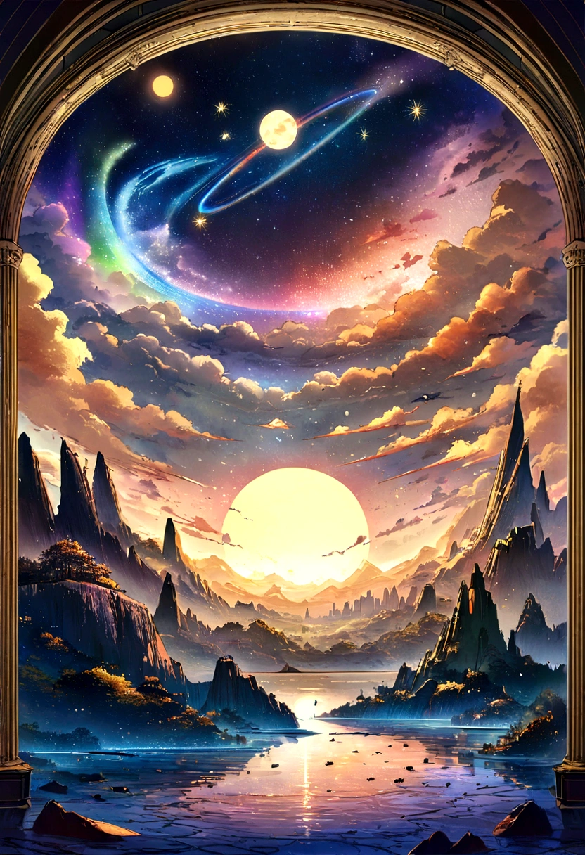 metropolitan、The colorful metropolitan Museum of Art、A river with stars and the moon in a rainbow sky、meet、闪亮的skyscraper、Shine overall、skyscraper、Concept art inspired by Tosa Mitsuhiro、pixiv contest winners、Highest quality、Fantasy art、Beautiful anime scene、Bright Moon、月光下的Starry Sky环境、Dream painting、Anime Background art、Fantasy Landscape Painting、Fantasy Knight、Anime Background、Background artwork、Great art、Atmospheric animation、Starry Sky、details enhanced。