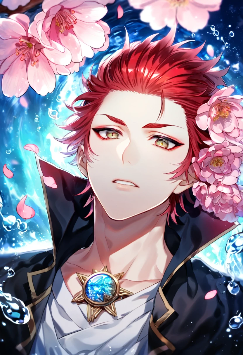 absurdres, highres, ultra detailed, HDR, master piece, Suoh Mikoto, red hair, hair is kept short, ruffled, slicked back and spiked, with two strands of hair near the opposite sides of his head falling over his face, expressive golden eyes, K Project, black jacket with fur, white v shirt, star collar, handsome, best quality, blossoms, pink petals, pink flowers, water, fantasy, magical, blue shining fireflies,