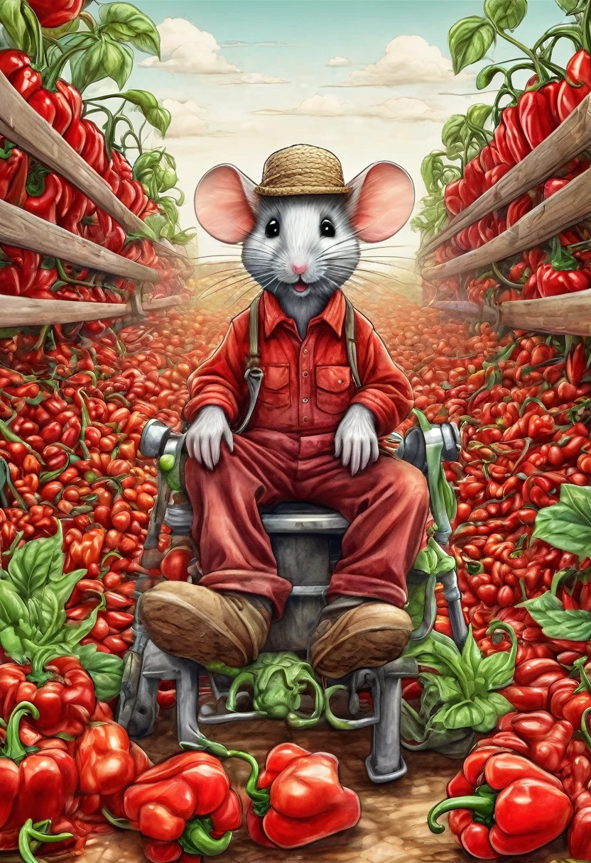 **funny cartoon on bg smooth paper, thinner pencil drawn lines, short sharp focus, vanishing point, 8K UHD, vignetting, colored funny artistic creature, cute mouse dressed as a cartoon farmer sitting in front of red habanero peppers very red, by Robert Richenburg, process art, hyper detailed illustration, full body closeup, illustration, trending on artstation, sharp focus, studio shot, intricate details, highly detailed, by greg rutkowski**