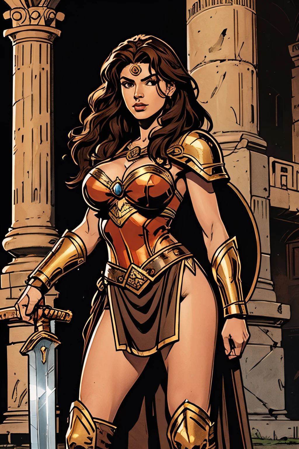 1 mature woman, Amazon warrior of themiscera, long curly hair, brown hair, dark brown eyes, thin lips, round face, wearing Greek battle helmet, huge breasts covered by well-protected and imposing Greek Amazon armor holding a short sword and a shield with a lion's head,She's in the coliseum, inside an arena