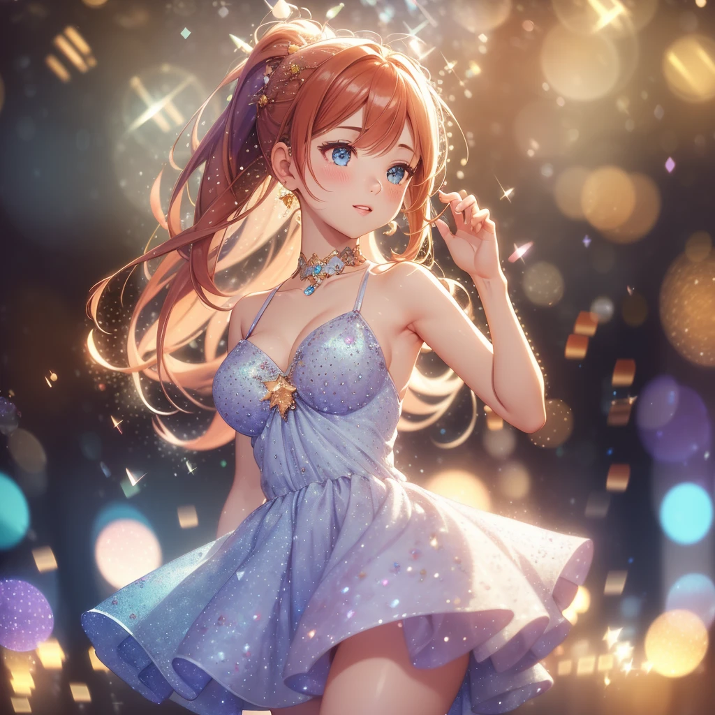 Colorful music stage, Beautiful idols, Idol costumes, Beautiful faces, Beautiful legs, Colorful colors, Detailed background, Beautiful singing voice, Fantastic atmosphere, High quality, 8K Ultra HD, 3D effect, Animation style digital illustration, Soft cartoon style, 3D effect, Luminism, 3D rendering, Octane Rendering, Isometric, Full Color, Delicate Anime Character Expressions, Whimsical Lighting, Captivating Atmosphere, Soft Textures, Imaginative Artwork, Mysterious Glow, Silent Luminescence, Sparkling Stars, Vivid Background, Full Length, (((Rule of Thirds))), High Quality Description: (Bokeh: 2), High Detail, High Resolution, (Bokeh: 2), Backlight, Long Exposure: 2, Emphasis on the armpit and clavicle closeup. red hair aqua mint colored eyes