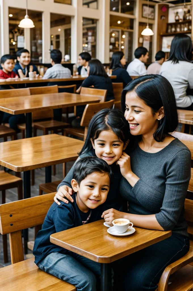 Children sit with their mother in a cafe and celebrate their mother's birthday.. chocolate cake. There is a candle on it 34