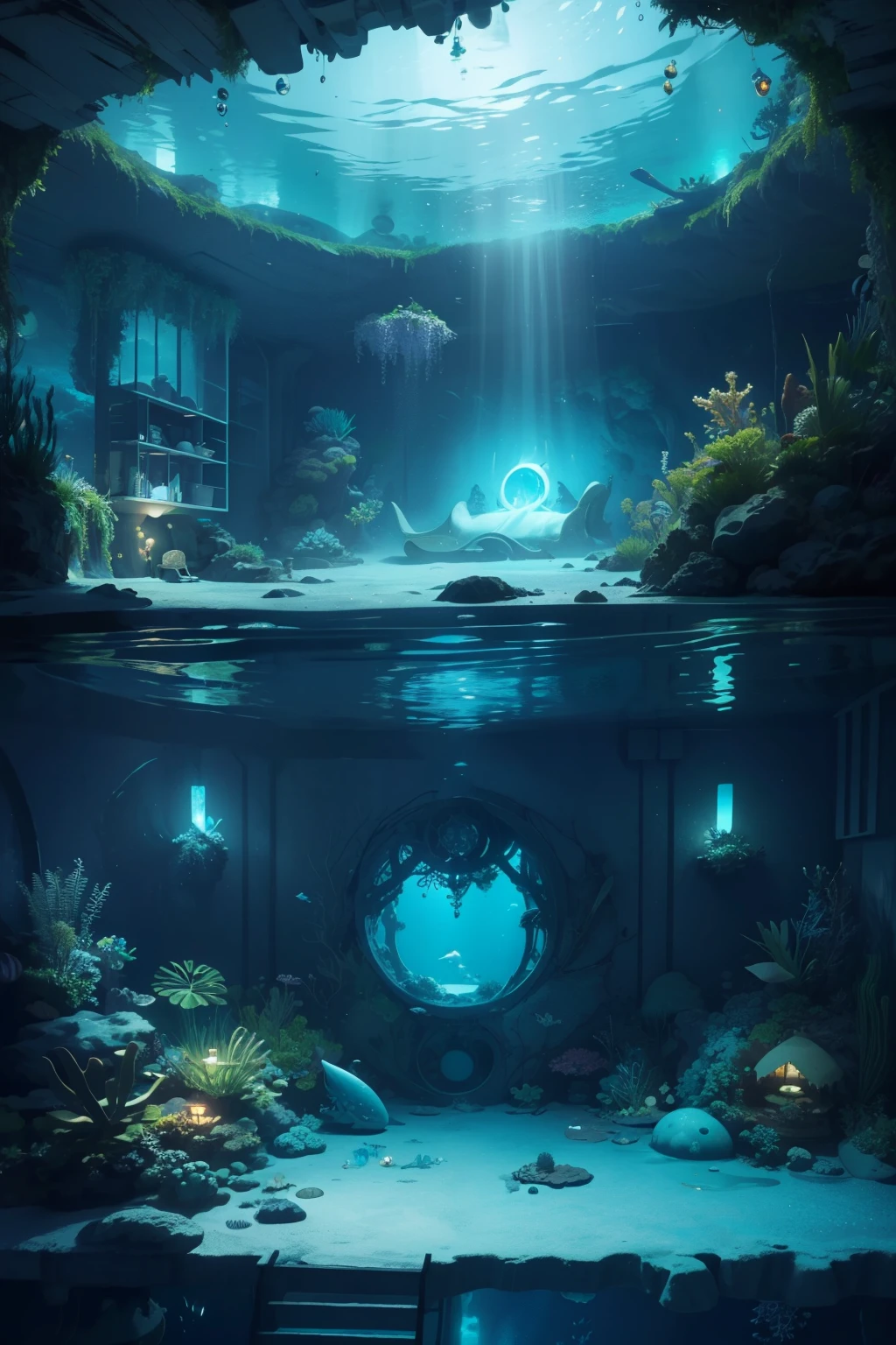 Underwater Room:
((Submerged Sanctuary)), ((Subaquatic Suite)), ((Realistic Seabed Retreat)), (3D Submarine Chamber), Female Hideaway Sunk in the Sea, Room at the Bottom of the Briny Deep, Aquatic Abode, Submarine Dwelling,

Unveiling an enchanting underwater room, beautifully crafted amidst the mystifying world of the deep blue sea. This 3D marvel, an epitome of realistic design, presents a unique female retreat, submerged in the tranquil abyss. Adorned with a radiant bioluminescent flora and fauna, this under