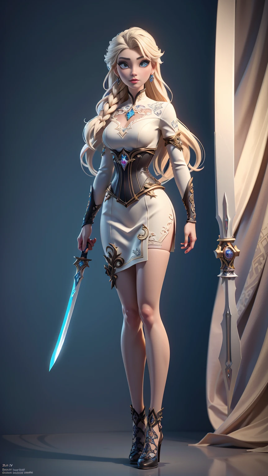 ((full body photo,Standing, Feet on the ground)) a 3D animation style full body model shot, fantasy art,  of a Elsa from Frozen, a exquisite beautiful Elsa (masterpiece, extremely detailed, best quality) LnF wearing white armor (masterpiece, extremely detailed, best quality), latex corset (masterpiece, extremely detailed, best quality), blue dress (masterpiece, extremely detailed, best quality) , armed with long sword fantasysword sword, pale skin, blond hair, long hair,  blue eyes color, jewelry, Viking village  background (masterpiece, extremely detailed, best quality), best realistic, best details, best quality, 16k, [ultra detailed], masterpiece, best quality, (extremely detailed), ultra wide shot, photorealism, depth of field, 3D animation rendering,