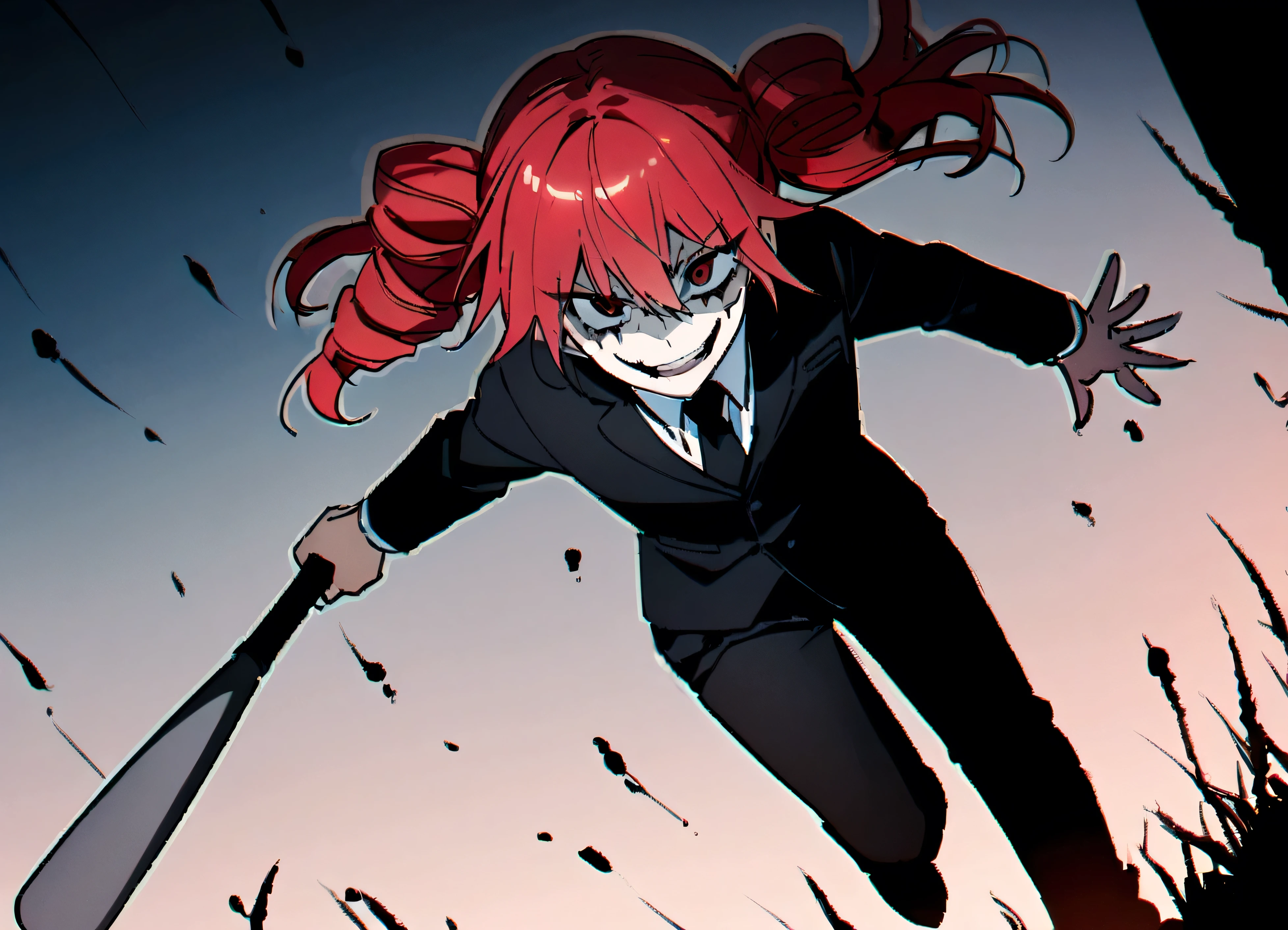 Red hair、Black suit、Black slacks、Wearing leather shoes、holding a silver metal baseball bat、Scary smile