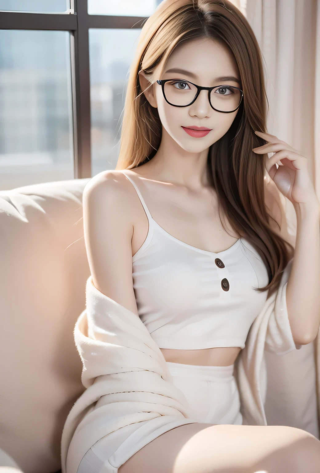 hair bobbles, wince, longeyelashes, solid circle eyes, light smile, ear blush, fang, ccurate, Surrealism, drop shadow, anaglyph, stereogram, tachi-e, pov, atmospheric perspective, 8k, super detail, best quality, best quality, high details, anatomically correct, UHD, retina, masterpiece, textured skin, high quality, highres, award winning, super detail, accurate,blond woman wear glasses reading a book while laying on a couch, girl wearing Round glasses, 厚Round glasses, big Round glasses, Round glasses, thin Round glasses, wearing small Round glasses, wear glasses, wearing Round glasses, wearing thin large Round glasses, Korean Girl, girl wear glasses, wearing black glasses, Thick glasses, Ulzan, Round glasses