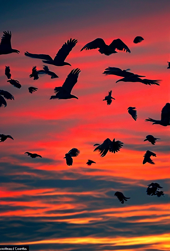 flock of macabre giant crows flying over a red, apocalyptic sky