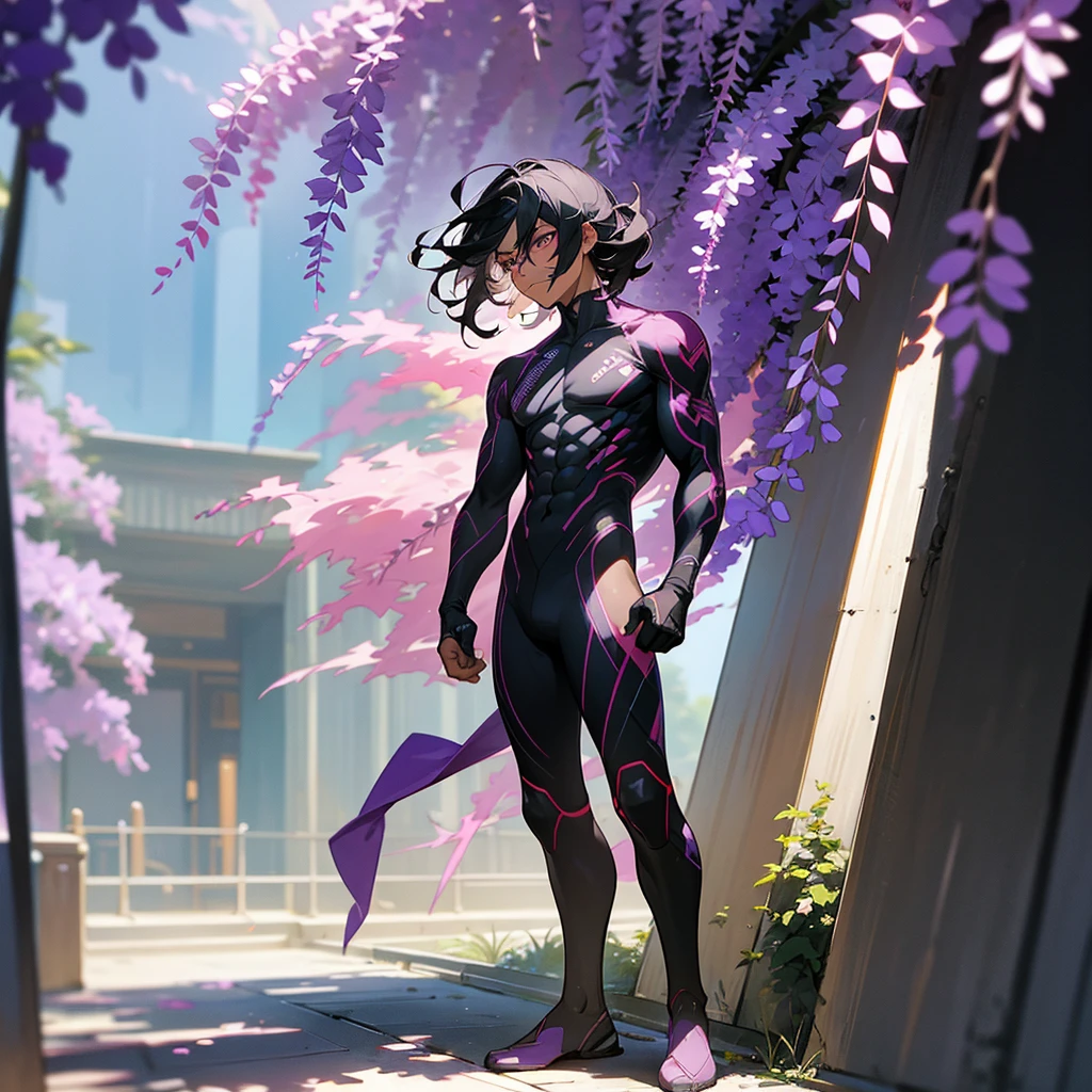 1male, young adult, dark skin, finely detailed plum eyes, wild medium hair, two tone hair, black hair color, seashell white hair color, full body combat suit, standing on building, day time, tokyo streets, e expression, muscular, tattoos, wisteria flowers, scars