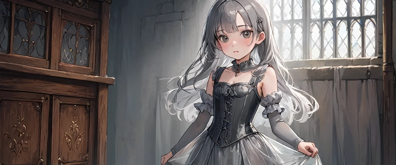 8 year old medieval girl, underwear姿、Translucent knee-length drawers(underwear)Wearing、Wearing a semi-transparent corset、Translucent slip, Grey translucent tights