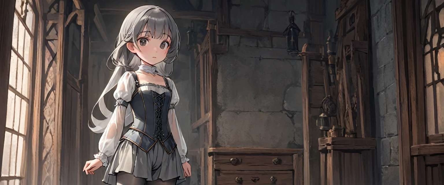 8 medieval girl, underwear姿、Translucent knee-length drawers(underwear)Wearing、Wearing a semi-transparent corset、Translucent slip, Grey translucent tights