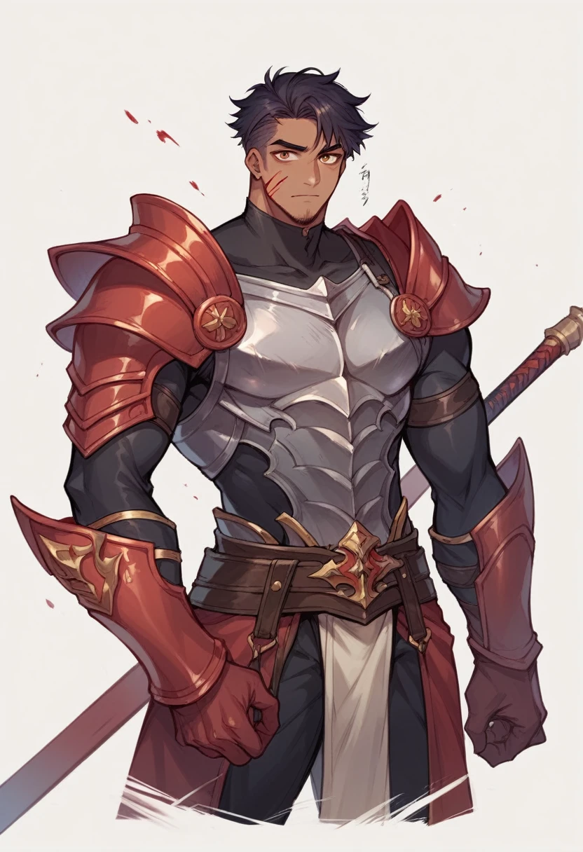 Man with armor inspired by the gojira skin, dark fantasy, manhwa style, red details and blood