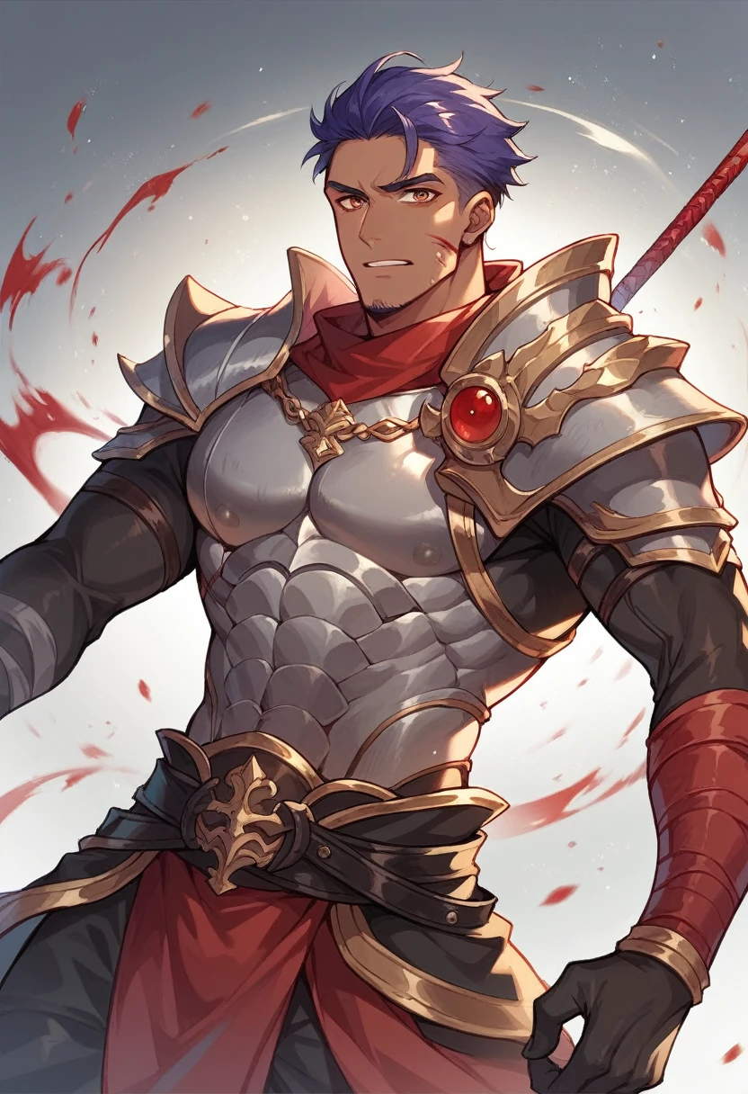 Man with armor inspired by the gojira skin, dark fantasy, manhwa style, red details and blood
