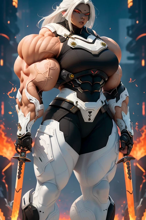 ((((Massive, beautiful, buff, muscular light brown skinned female ninja with white hair, black lipstick, ginormous bulky muscles, holding a white fire sword and wearing an all white cyber ninja armor with pants)))), {close view}, black eyeliner, massive muscles, large breast, massive biceps, hyper muscle triceps, (long straight hair), blue eyes, ninja boots, In a futuristic city, sleeveless, steel ninja armor, nighttime, closed smile, hyper muscles arms, hyper muscle legs, ginormous arms