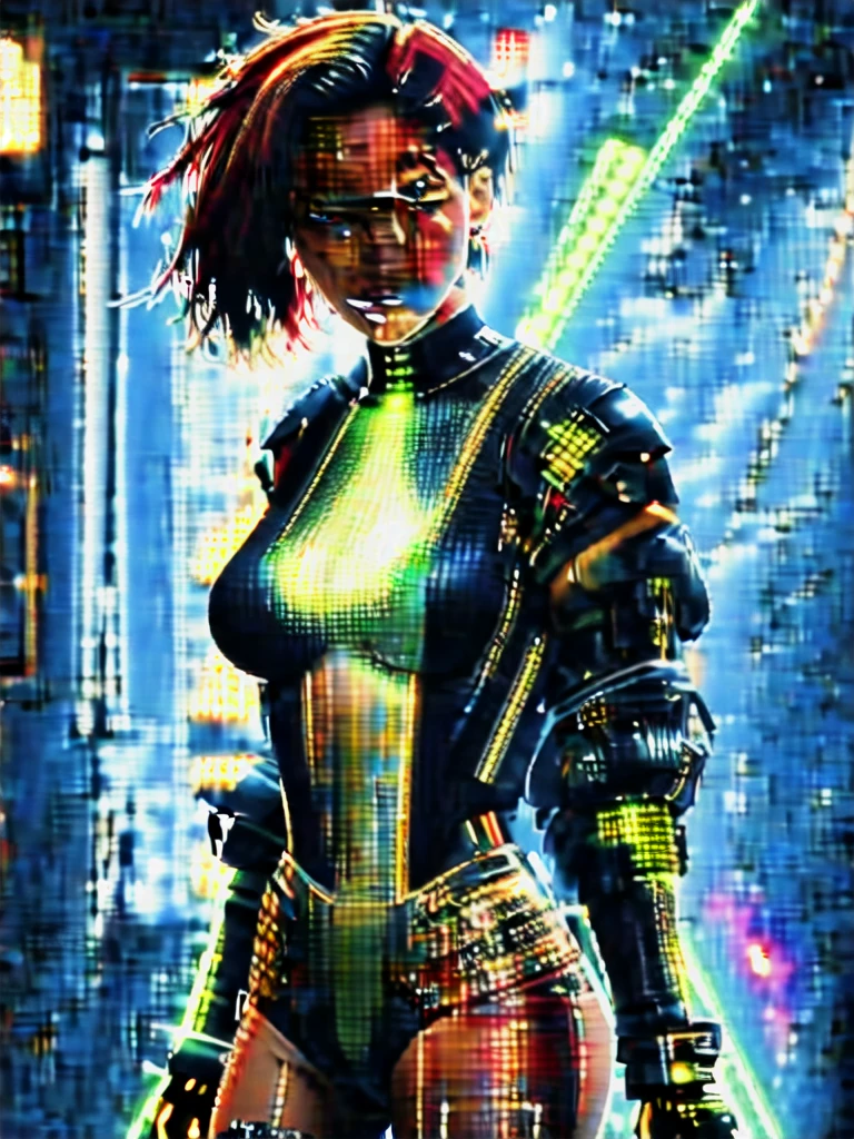 best quality,masterpiece,highly detailed,ultra-detailed,, turkish , a kpop female  1gril,[nicky whelan:uma thurman:0.3]lucy \(cyberpunk\), multicolored hair, bob cut, 
latex bodysuit, mechanical arms, gameplay mechanics, cyborg,fighting stance, 
pastel \(medium\), watercolor \(medium\), 
cyberpunk cityscape, 
(Padded armor),An armor made of layers of cloth or leather
Afro with Glowing Tips - Neon Green
 