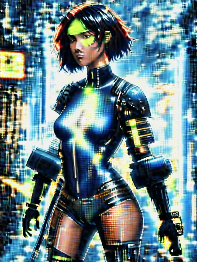 best quality,masterpiece,highly detailed,ultra-detailed,, turkish , a kpop female  1gril,[nicky whelan:uma thurman:0.3]lucy \(cyberpunk\), multicolored hair, bob cut, 
latex bodysuit, mechanical arms, gameplay mechanics, cyborg,fighting stance, 
pastel \(medium\), watercolor \(medium\), 
cyberpunk cityscape, 
(Padded armor),An armor made of layers of cloth or leather
Afro with Glowing Tips - Neon Green
 