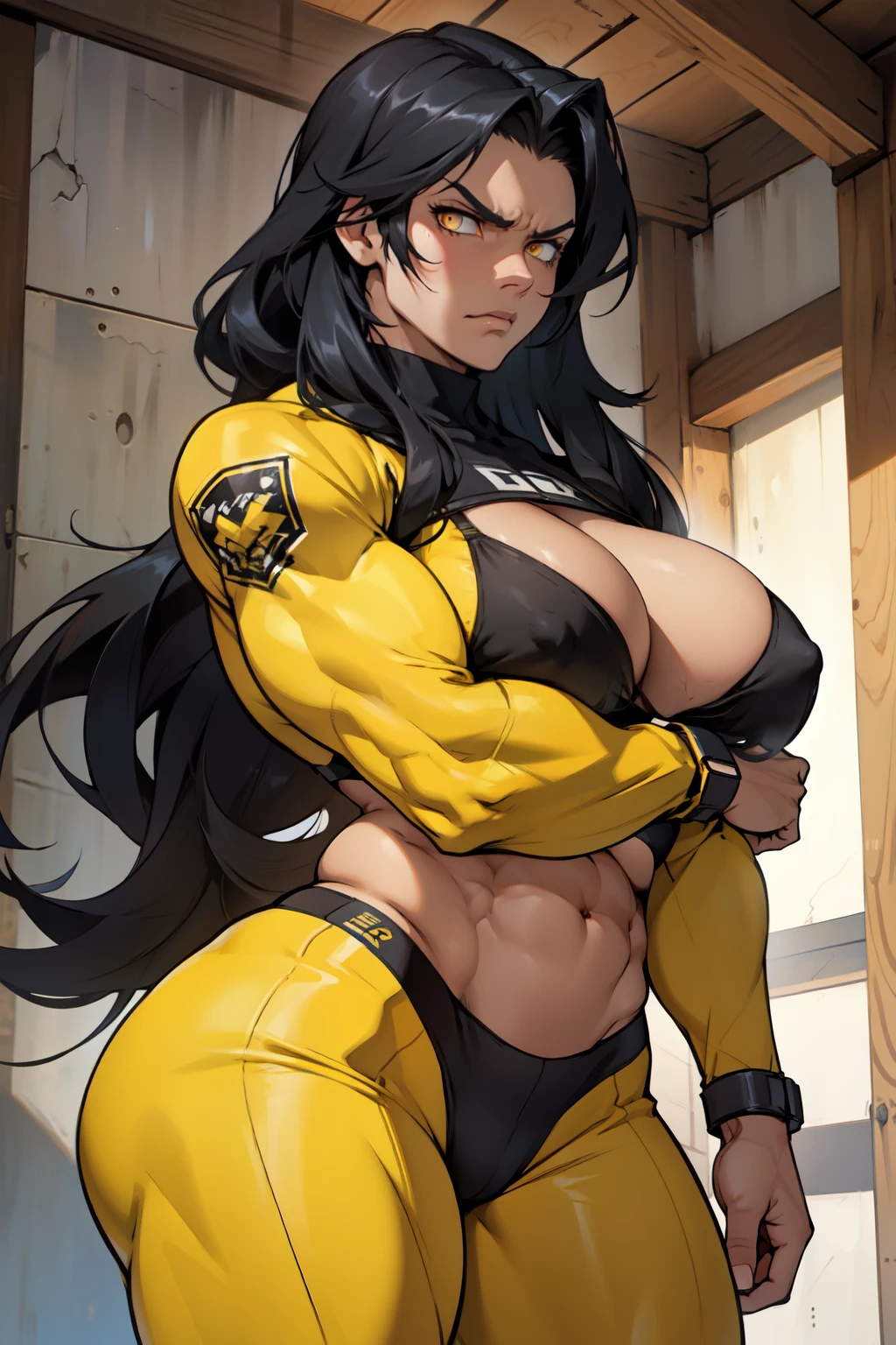 muscular toned body bodybuilder huge breasts black hair yellow eyes angry 1girl cowboy shot curvy very long hair 