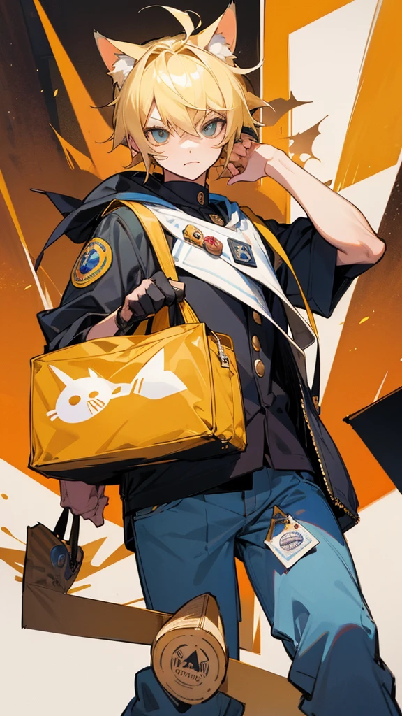 Cute cat boy, in , blonde hair, gedy converse, bag with badges
