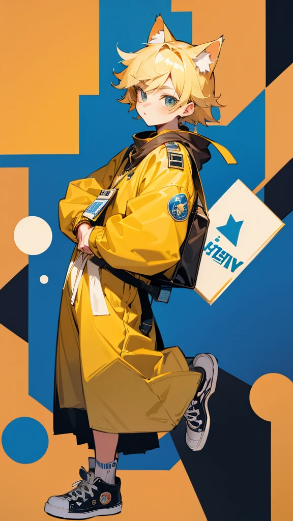 Cute cat boy, in , blonde hair, gedy converse, bag with badges