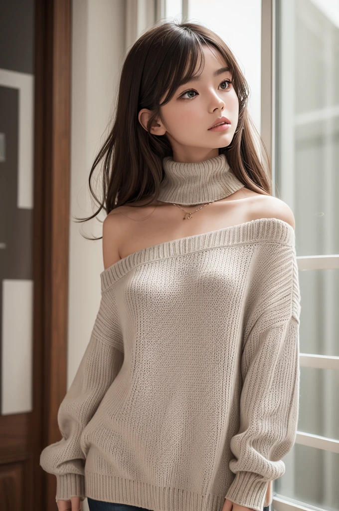 ((best qualityer)), ((work of art)), (detailded), 1 girl, shoulder to shoulder sweater,