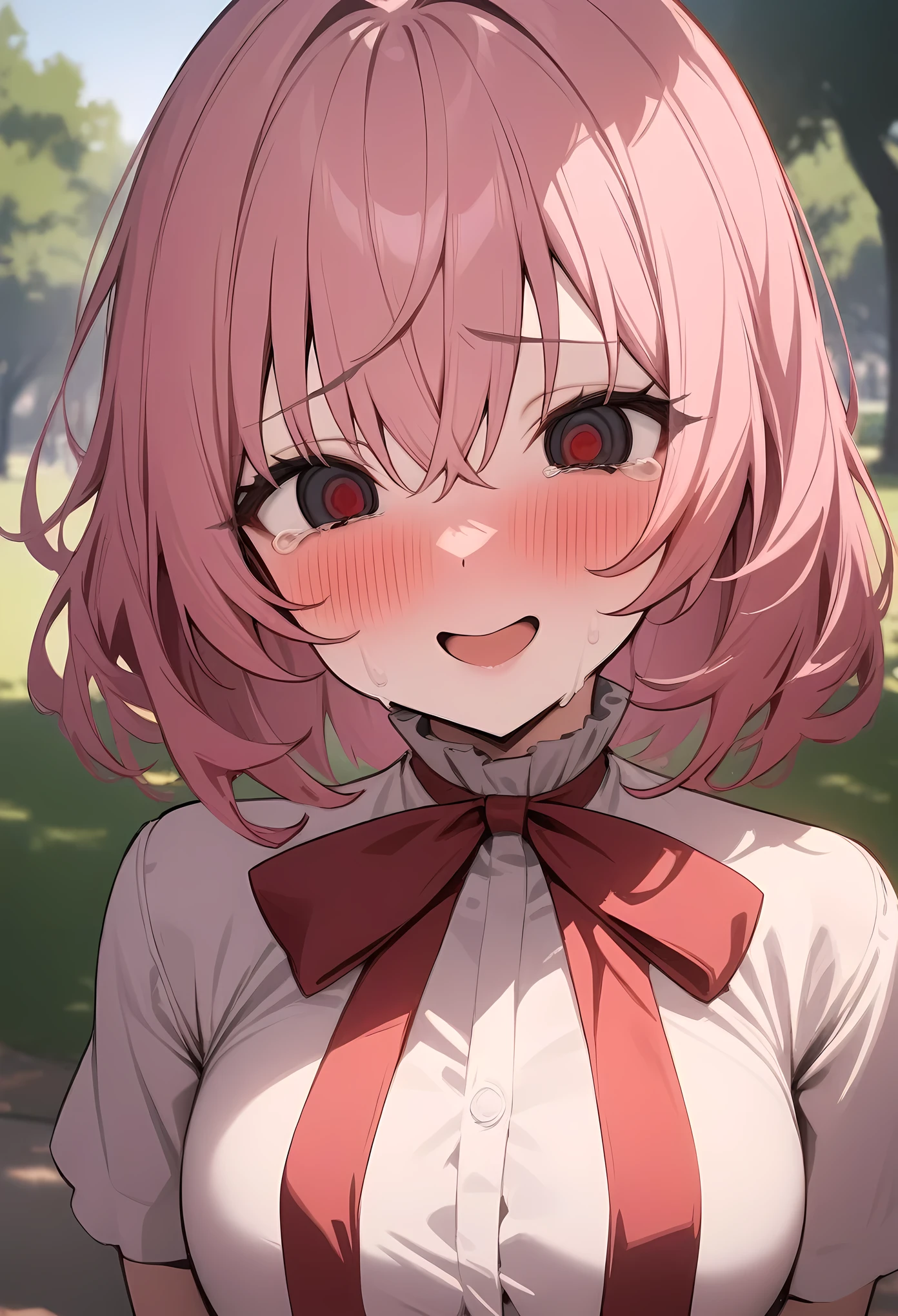 masterpiece, best quality, very aesthetic, absurdres, newest,1girl,upper body,blush,tear in eyes,,embarrassed,cum,,gasai_yuno(mirai_nikki), 1girl, shadow on eyes, pink_hair, red_ribbon, ribbon, smile, yandere, yandere_trance,in park