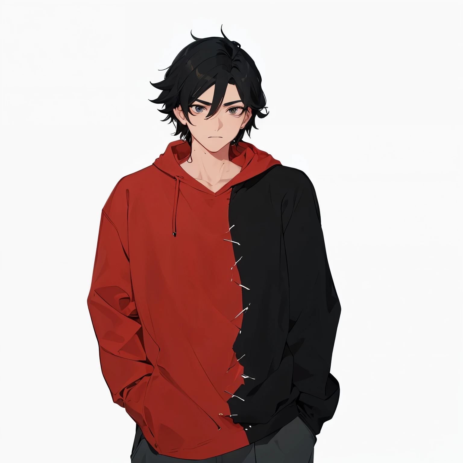 A man with black hair and black eyes and a sweatshirt and red stitching