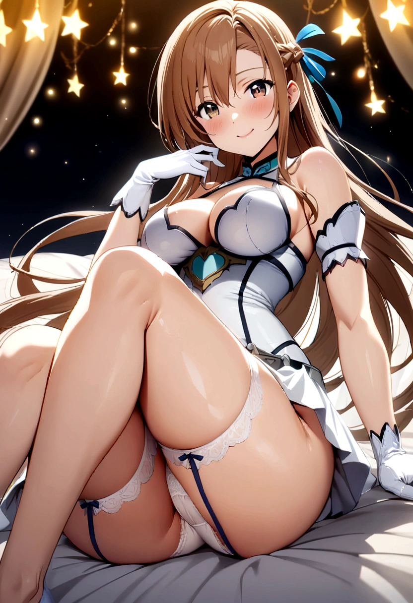 Yuuki Asuna, anime style beautiful woman, Best Quality, perfect anatomia, ultra-detailliert, 1girl in, Solo, breasts, athletic bodies, Good hands, good legs, Good knees, nigh sky, Stars, Long hair, medium breasts, Looking at Viewer, Happy, Bangs, Brown hair, thighs thighs thighs thighs, gloves, Dress, cleavage, Bare shoulders, Brown eyes, Very long hair, cross one's legs, White Gloves, White Dress, armor, white thighhig, garter strap, White armor,skirt lift, white lace panties,on the bed,