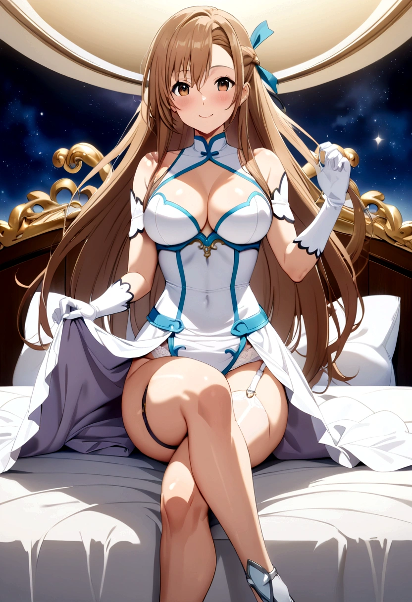 Yuuki Asuna, anime style beautiful woman, Best Quality, perfect anatomia, ultra-detailliert, 1girl in, Solo, breasts, athletic bodies, Good hands, good legs, Good knees, nigh sky, Stars, Long hair, medium breasts, Looking at Viewer, Happy, Bangs, Brown hair, thighs thighs thighs thighs, gloves, Dress, cleavage, Bare shoulders, Brown eyes, Very long hair, cross one's legs, White Gloves, White Dress, armor, white thighhig, garter strap, White armor,skirt lift, white lace panties,on the bed,