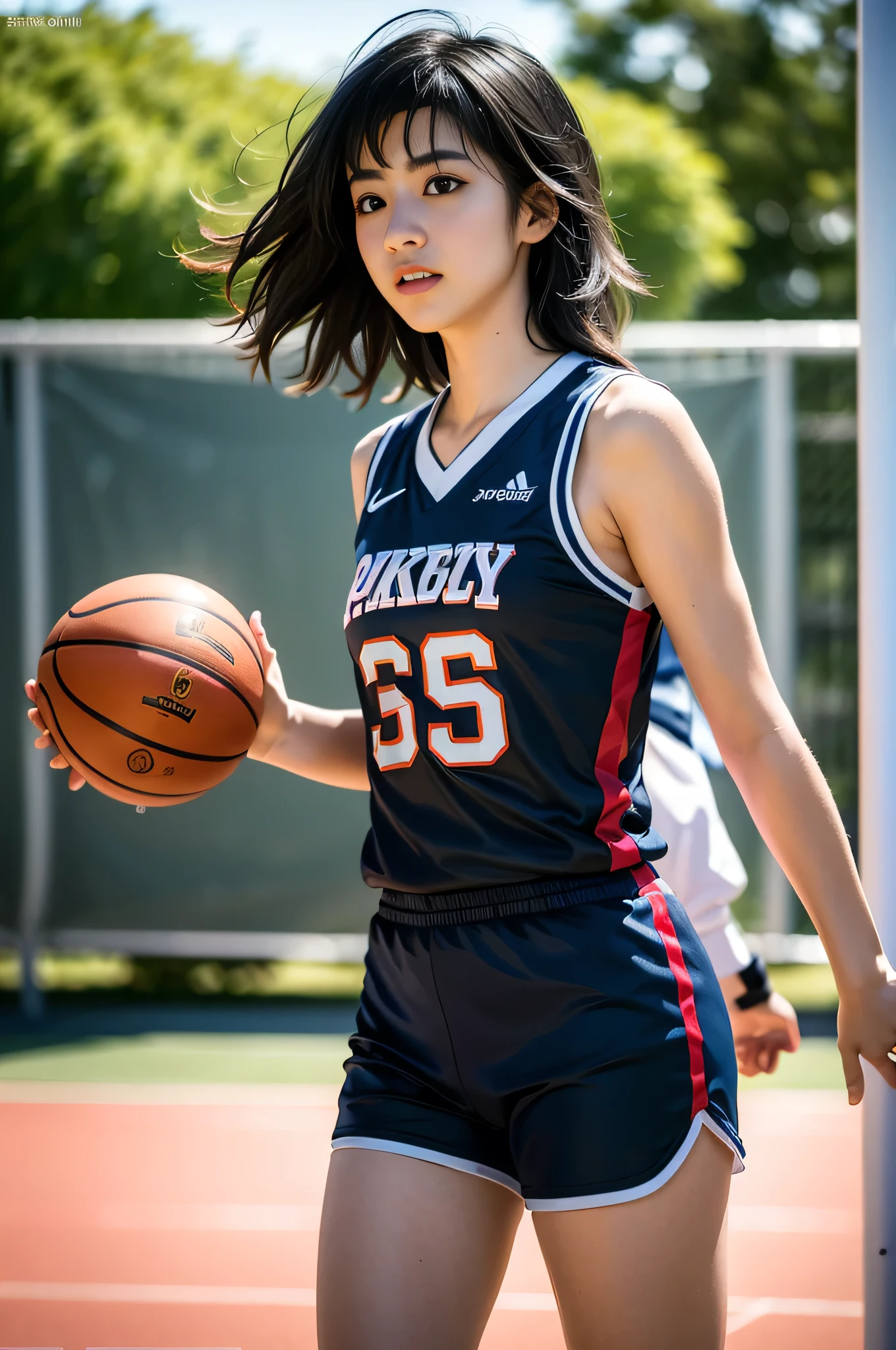 (8k, best quality, masterpiece:1.2), (realistic, photo-realistic:1.37), ultra-detailed,best quality, ultra high res, professional lighting, photon mapping, radiosity, physically-based rendering, cinematic lighting, basketball court,depth of field, sharp focus,sunbeam, good composition,(bokeh:1.2) 1girl,solo,(full body), (closed mouth),beautiful detailed eyes, pose, narrow waist,basketball uniform, black hair,messy hair,long hair floating in wind,(ulzzang-6500:1.2)
 mix4, hiqcgbody