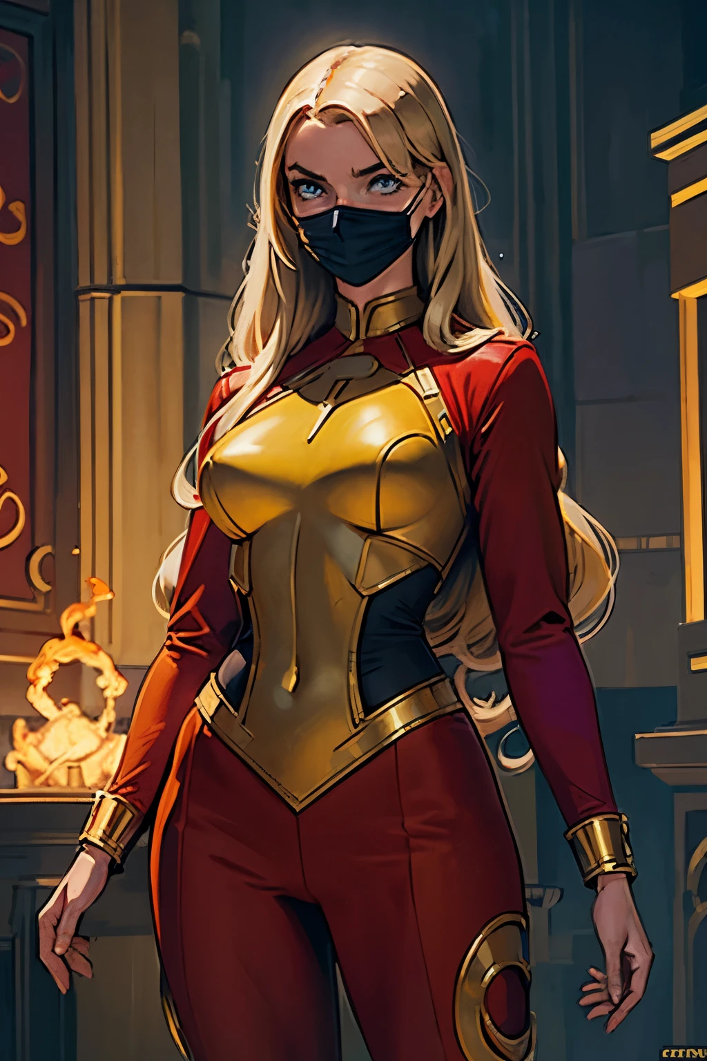 Inspired by the art of John Romita Sr,1 young superheroine with long blonde hair, Blue eyes covered by an emblematic mask, medium breasts, Waist slender, wearing a custom skin-tight uniform, red and yellow uniform color, Super-Heroine Chamada "Golden Flame", Emanating from the hands a powerful energy, In front of an immense concrete city, fully body, detailed artwork, art direction John Romita Sr.