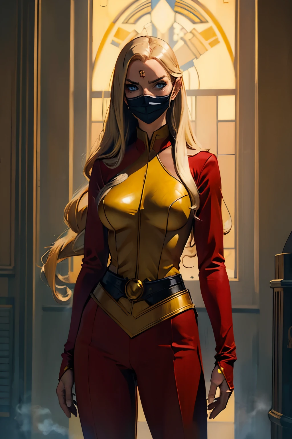 Inspired by the art of John Romita Sr,****ung superheroine with long blonde hair, Blue eyes covered by an emblematic mask, medium breasts, Waist slender, wearing a custom skin-tight uniform, red and yellow uniform color, Super-Heroine Chamada "Golden Flame", Emanating from the hands a powerful energy, In front of an immense concrete city, fully body, detailed artwork, art direction John Romita Sr.