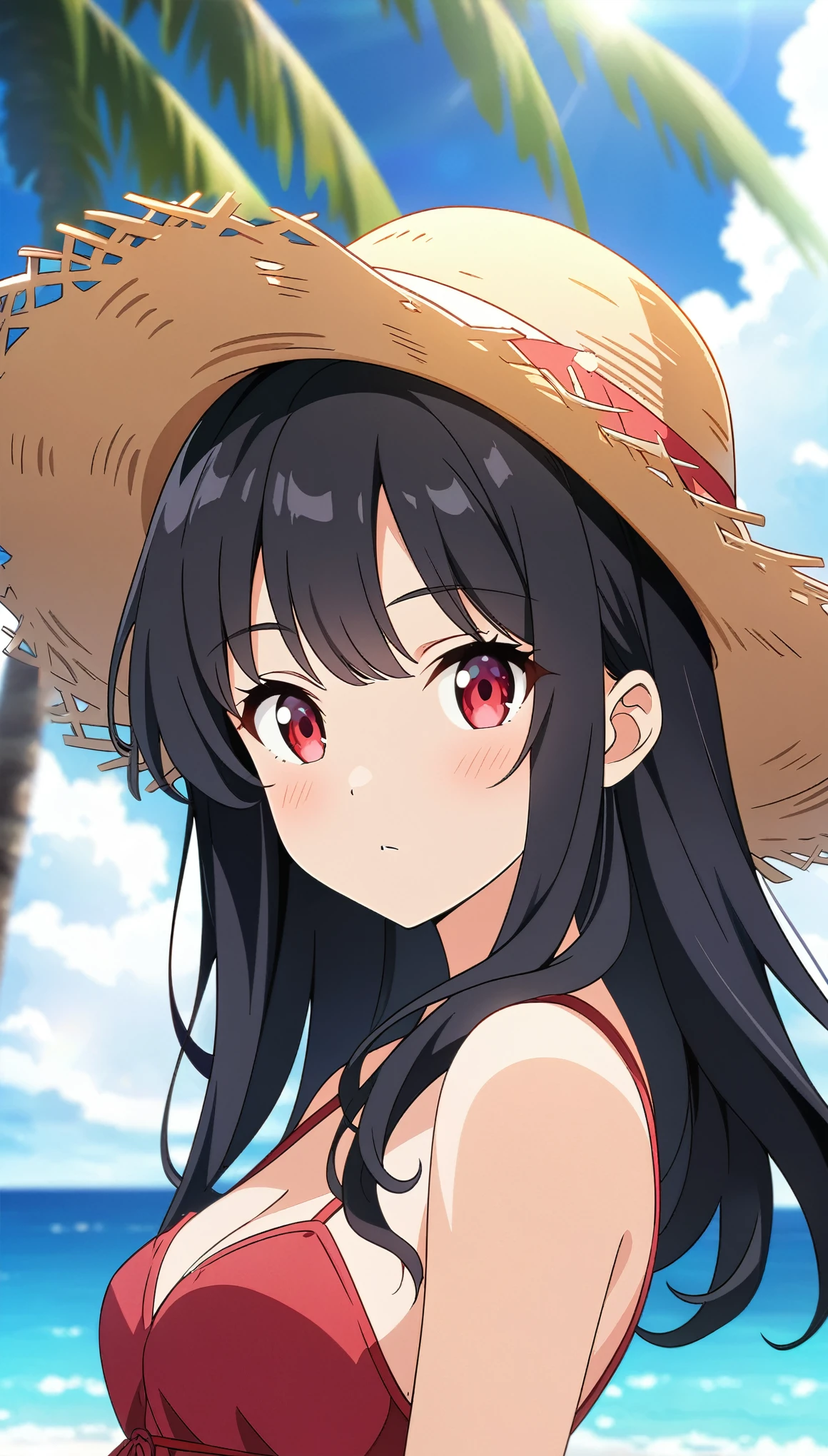 (masterpiece, Highest_quality), Very familiar with CG Unity 8K Wallpaper, wonderful_OK_shape, Break 1 Girl, Long black hair with a straw hat, Small breasts, (Glamorous look), Red eyes, Anime Style 4k, Beautiful anime portraits, Anime Moe Art Style, anime art wallpaper 4k, High quality anime art style, Anime style portrait, Familiar with digital animation art, Anime Art Wallpapers 8K, Cute Anime Girl Portrait, Hawaii Background, blue sea, Palm tree, sunlight, whole body, Breaking Depth of Field, Perfect hands, nice refer tos, 5_refer to, 4_refer to,1_親refer to,