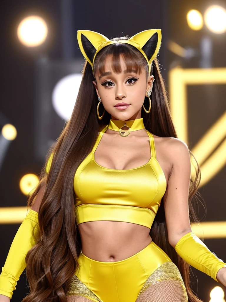 ariana grande, beautiful, wearing a golden yellow performance outfit, wearing a cat ear brooch,