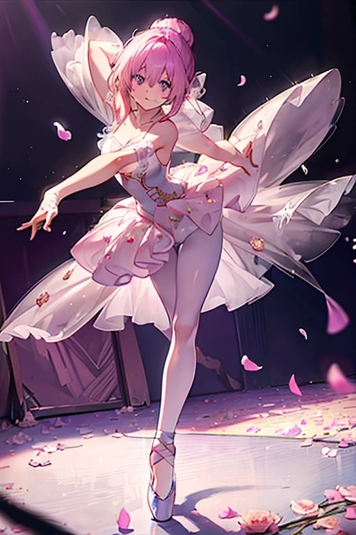 A pink haired woman with violet eyes with an hourglass figure in a ballet uniform with her hair in a bun is laying on the stage with a big smile with peonies all around her