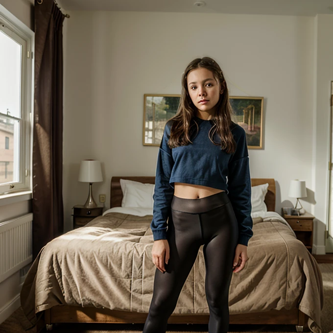 (masterpiece, best quality:1.2), 1girl, solo, 9-year-old girl, in her room, standing, sheer legging