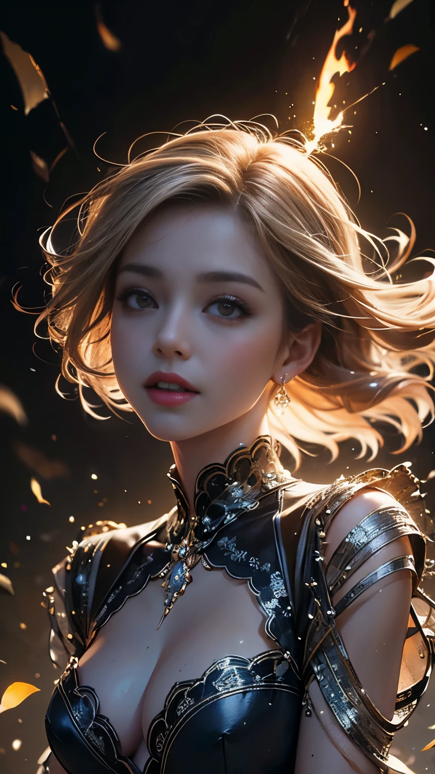 (8K, Highest quality, masterpiece: 1.2), (Realistic, photo Realistic: 1.37), Very detailed, One Girl, Wide viewing angles, Firefly Garden, Small faint lights and flying fireflies, night, lantans, Yasutomo Oka's Painting style, big firm bouncing bust, I can see her cleavage, Intricate details, Splash screen, 8K resolution, masterpiece, A kind smile, Mysterious Background, aura, A gentle gaze, break, blonde, Dynamic sexy pose,